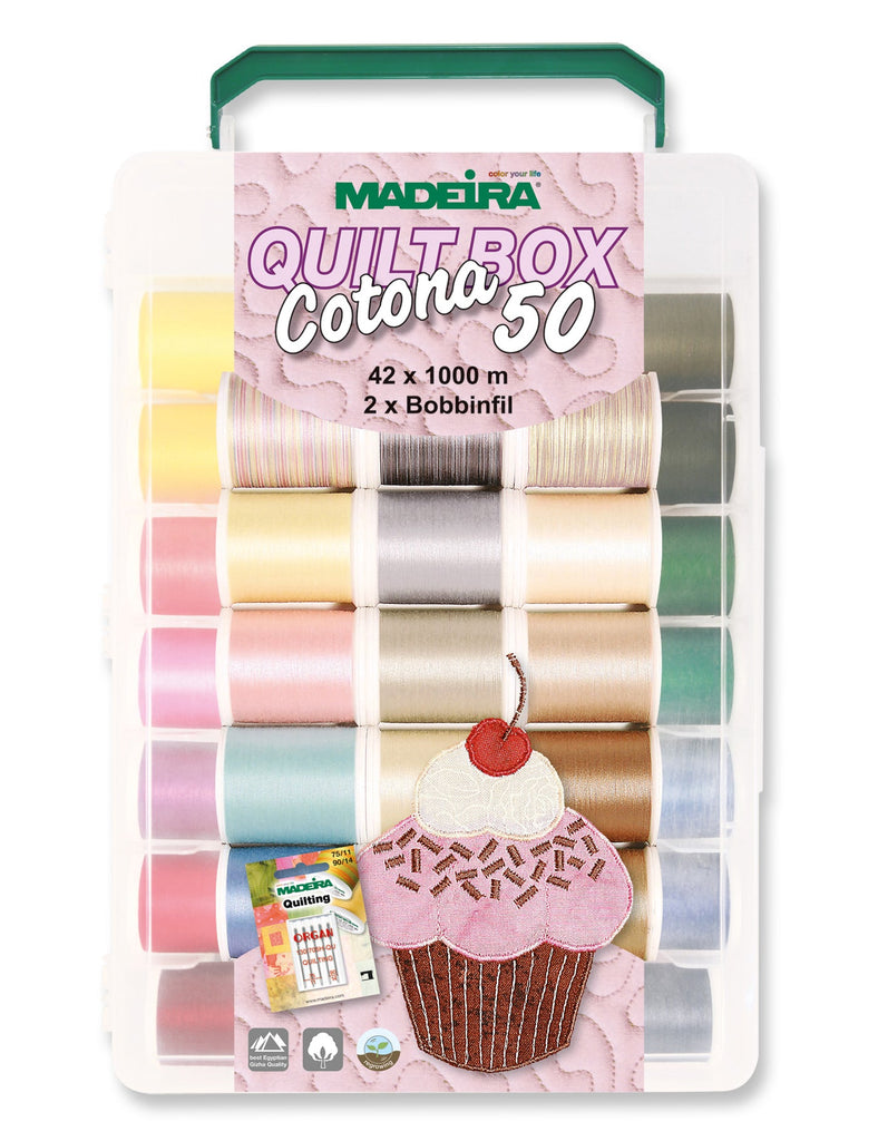 Cotona 50 – 1100-yard (1000m) Assortment Box, 42 Spools, 26 Solid Colors, 16 Variegated Colors Thread Assortment Boxes Madeira Quilting Thread