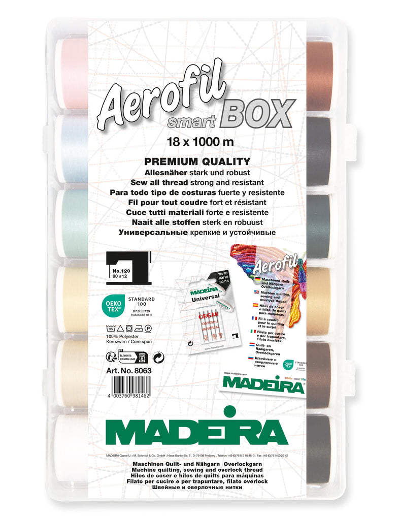Aerofil 120 – Smart Box, 1100-yard (1000m) Spools, 18 Colors Thread Assortment Boxes Madeira Quilting Thread