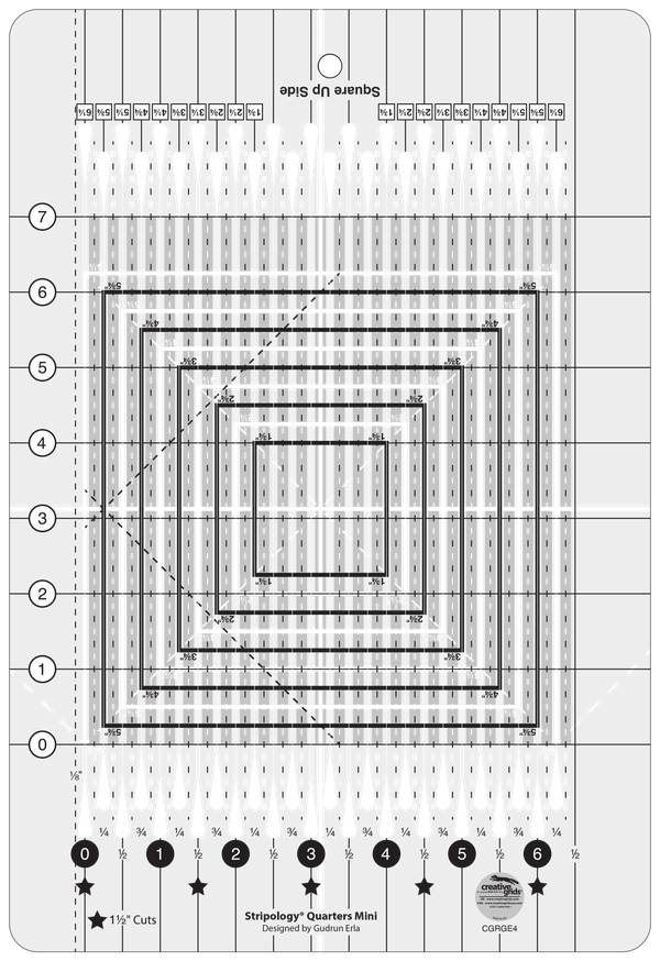 The whole Stripology Quarters MINI ruler, shown to scale
