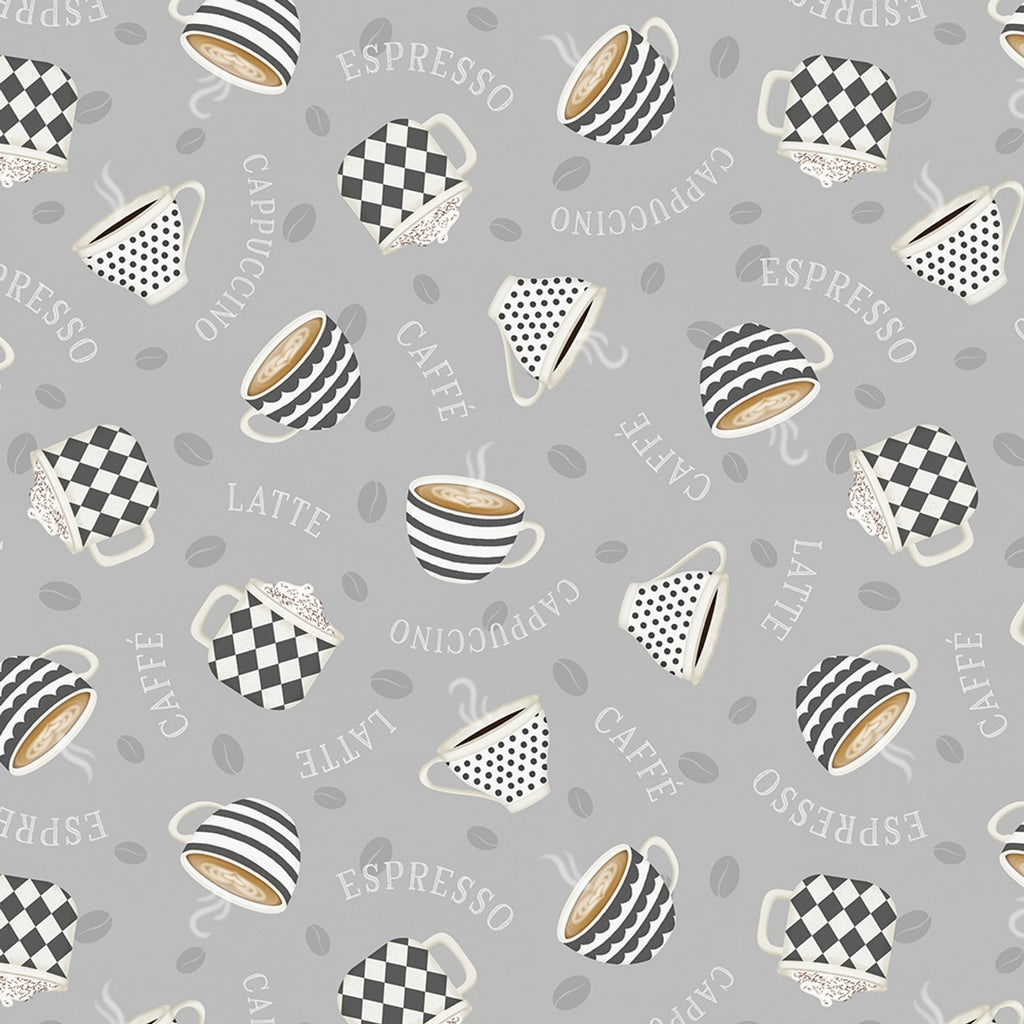 Coffee Life Cup Toss Gray 82671-910 Fabrics Wilmington   