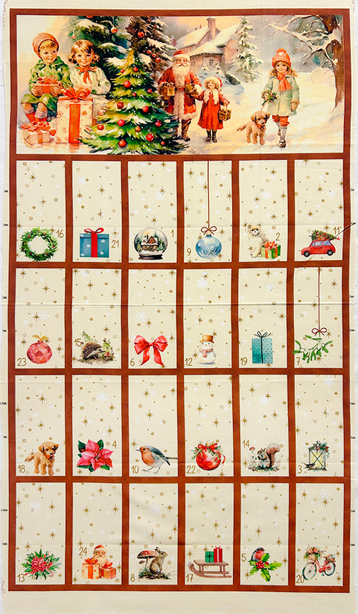 Vintage Christmas Advent Calendar Cream 4504P-172, cream quilting fabric by Stof