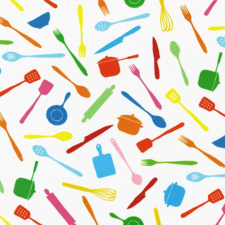 Seuss Chef Utensils White 20395-1 Fabrics Robert kaufman   