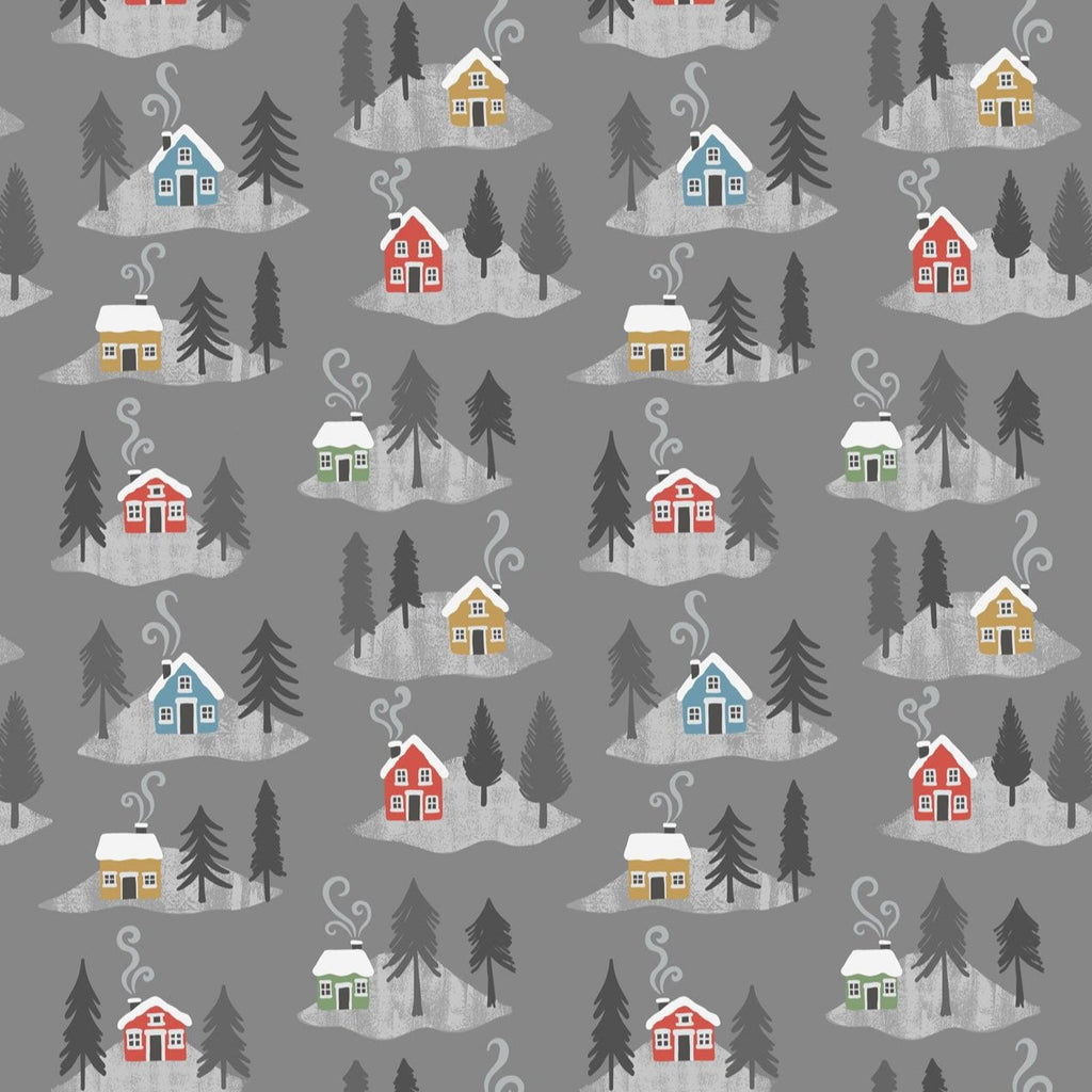 Snow Day Houses Grey Flannel F36.3 Fabrics Lewis & Irene   