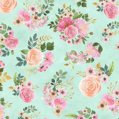 Peony Blossoms Bouquet Toss Teal 34712-737