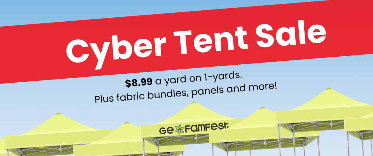 Cyber Tent Sale, $8.99 a yard on 1-yards, plus fabric bundles, panels and more