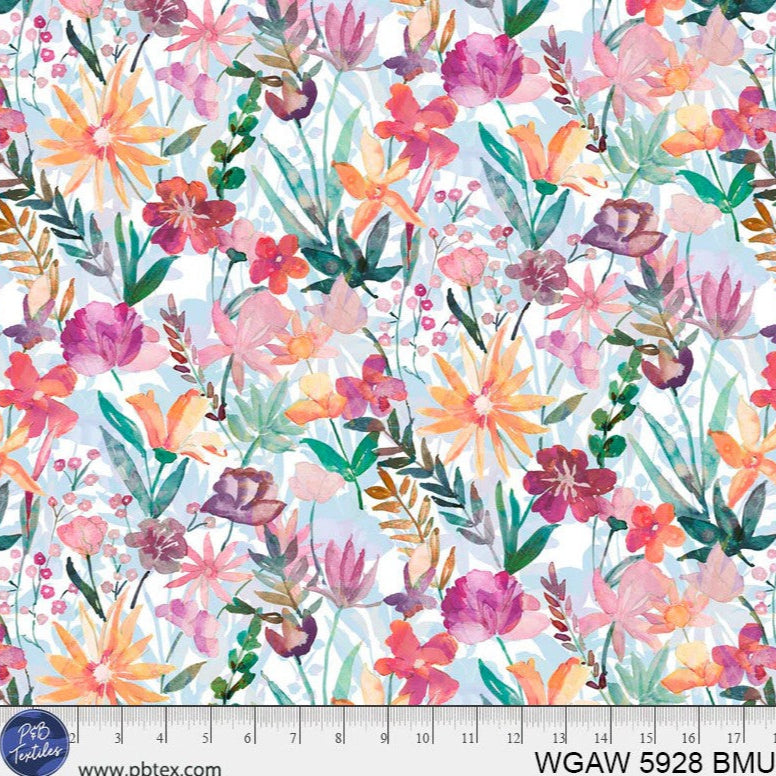 P&B Textiles Whispering Garden Watercolor Floral Pink 108" Wide Backing Fabric - WGAW05928-BMU - 3 YARD Fabrics P&B Textiles