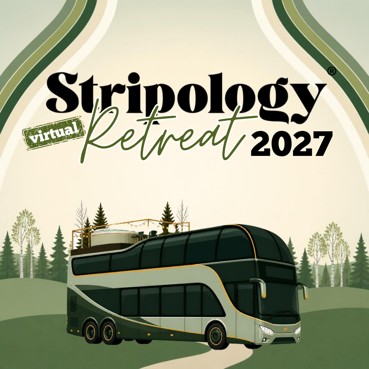 Stripology Virtual Retreat, the retreat bus on a forest road